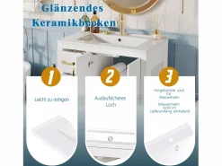 Merax 2 Muebles de baño de cerámica - 76,5 x 46,5 x 84,5 cm - con 3 cajones + estante lateral + 2 puertas - MDF - Blanco Clearance