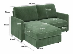 DripeX 2 -Seater Corner Sofa - ángulo reversible derecho / izquierda - 180x140x86cm - en tela de terciopelo acanalado - carga máxima de 300 kg - Verde Hot