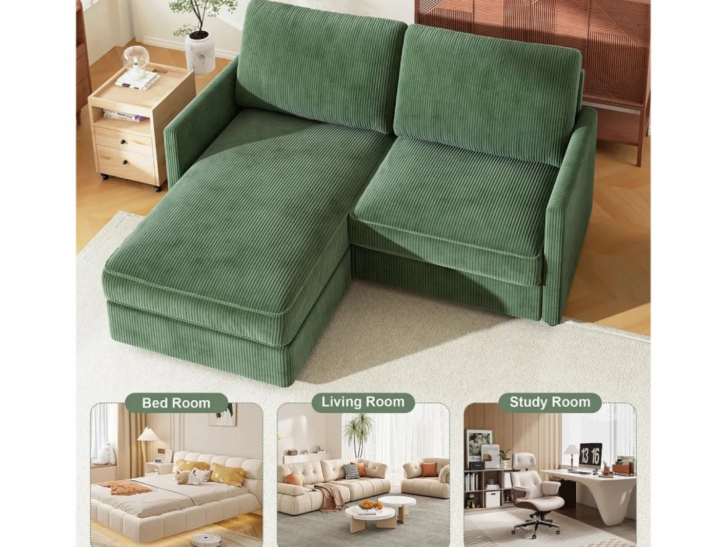 DripeX 2 -Seater Corner Sofa - ángulo reversible derecho / izquierda - 180x140x86cm - en tela de terciopelo acanalado - carga máxima de 300 kg - Verde Hot