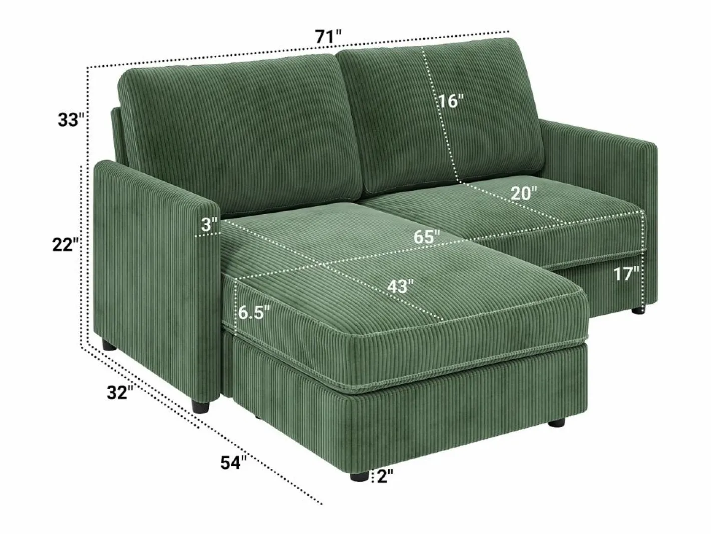 DripeX 2 -Seater Corner Sofa - ángulo reversible derecho / izquierda - 180x140x86cm - en tela de terciopelo acanalado - carga máxima de 300 kg - Verde Hot