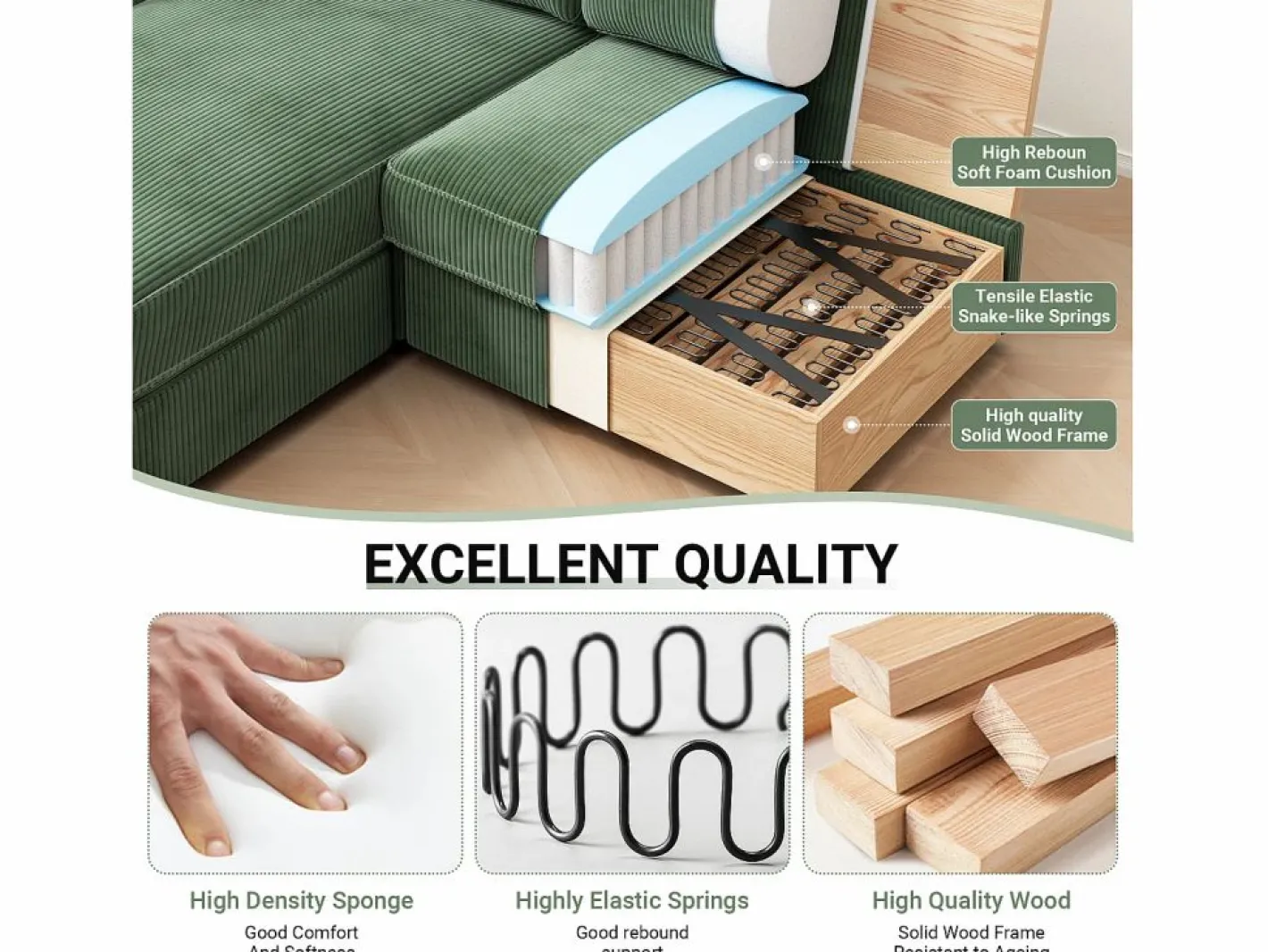 DripeX 2 -Seater Corner Sofa - ángulo reversible derecho / izquierda - 180x140x86cm - en tela de terciopelo acanalado - carga máxima de 300 kg - Verde Hot