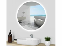 AICA Espejo de baño con iluminación LED Espejo redondo,70 x 70 cm,luz 3 colores, antivaho, brillo ajustable, memoria de apagado^ Clearance