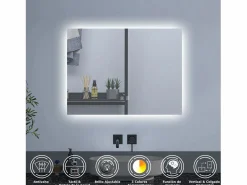AICA Espejo de baño con luz LED,80 x 60 cm,luz tres colores+ antivaho+ brillo ajustable+ función de memoria agapada Transparente Hot