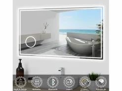 Aica Espejo de baño LED 120×70cm,Bluetooth,3×lupa Transparente Best