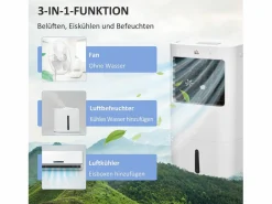 Aire acondicionado portátil 3 en 1 con humidificación, refrigeración por agua, 15 L, oscilación de 60°, control remoto, temporizador de 8 h, para 20 m² Blanco Outlet