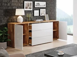 Cómoda|Aparador 150 cm para salón – moderno con cajones y puertas, cuerpo roble wotan mate y frentes blanco brillo