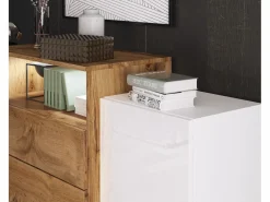 Aparador 150 cm para salón – moderno, de pie con 3 cajones, hueco y puertas laterales, cuerpo roble wotan mate y frentes blanco brillo^ Discount