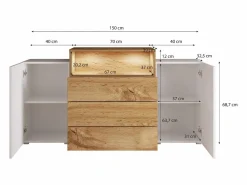 Aparador 150 cm para salón – moderno, de pie con 3 cajones, hueco y puertas laterales, cuerpo roble wotan mate y frentes blanco brillo^ Discount