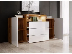 Aparador 150 cm para salón – moderno, de pie con 3 cajones, hueco y puertas laterales, cuerpo roble wotan mate y frentes blanco brillo^ Discount
