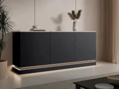 Vente-unique Aparador|Aparador 3 puertas con LEDs de MDF - Negro y efecto mármol blanco - DEVIKA de Pascal MORABITO