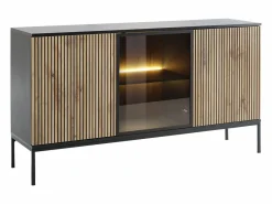 Vente-unique Aparador 3 puertas con luces LED en MDF y vidrio ahumado - Natural y Negro - OVILA Negro / Color natural claro Discount