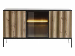 Vente-unique Aparador 3 puertas con luces LED en MDF y vidrio ahumado - Natural y Negro - OVILA Negro / Color natural claro Discount