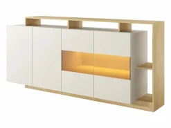Vente-unique Aparador|Aparador 4 puertas y 4 nichos con LEDs - Beige y Natural claro - IDESIA