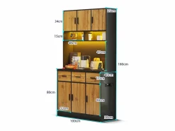 Merax Aparador alto con 6 puertas y 3 cajones - 100 x 40 x 180 cm - LED y puerto de carga - Madera MDF - Estantes regulables - Natural + negro Marru00f3n Clearance