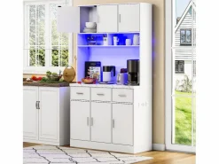 Merax Aparador De Cocina|Aparador alto con 6 puertas y 3 cajones - 100 x 40 x 180 cm - LED y puerto de carga - Madera MDF - Estantes regulables -