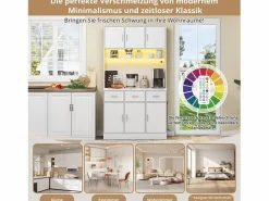 Merax Aparador De Cocina|Aparador alto con 6 puertas y 3 cajones - 100 x 40 x 180 cm - LED y puerto de carga - Madera MDF - Estantes regulables -