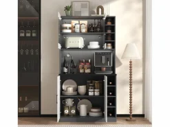Aparador alto de cocina - 100 x 47 x 187 cm - con luces LED + 4 puertas + estantes ajustables - MDF + Acrílico -^Merax Best