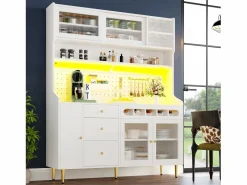 Aparador alto de cocina - 145 x 39 x 171 cm - con LEDs + botellero + puertas de cristal + 3 cajones - cristal + MDF -^Merax Online