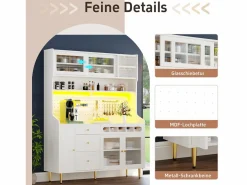 Aparador alto de cocina - 145 x 39 x 171 cm - con LEDs + botellero + puertas de cristal + 3 cajones - cristal + MDF -^Merax Online
