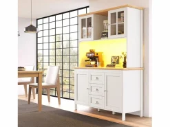 Merax Aparador alto de cocina - 120 x 40 x 179 cm - con LEDs + 4 puertas + 3 cajones + balda - MDF + metal - Blanco Discount
