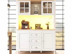 Merax Aparador alto de cocina - 120 x 40 x 179 cm - con LEDs + 4 puertas + 3 cajones + balda - MDF + metal - Blanco Discount