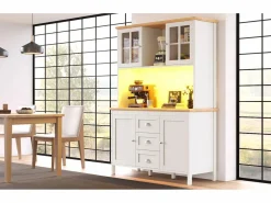 Merax Aparador alto de cocina - 120 x 40 x 179 cm - con LEDs + 4 puertas + 3 cajones + balda - MDF + metal - Blanco Discount