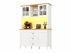 Merax Aparador alto de cocina - 120 x 40 x 179 cm - con LEDs + 4 puertas + 3 cajones + balda - MDF + metal - Blanco Discount