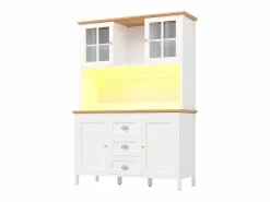 Merax Aparador alto de cocina - 120 x 40 x 179 cm - con LEDs + 4 puertas + 3 cajones + balda - MDF + metal - Blanco Discount