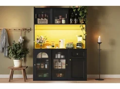 Merax Aparador alto de cocina - 120 x 35 x 167 cm - con estantes regulables + 3 puertas + 1 cajón + LED - MDF + PB - Negro Clearance
