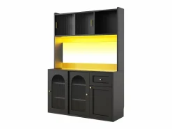 Merax Aparador alto de cocina - 120 x 35 x 167 cm - con estantes regulables + 3 puertas + 1 cajón + LED - MDF + PB - Negro Clearance