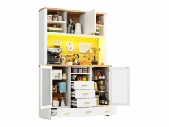 Merax Aparador alto de cocina - 120 x 40 x 188 cm - estilo rústico - con LED + 6 cajones + 3 puertas + estantes - MDF - Blanco Sale