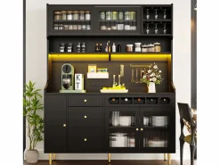 Merax Aparador alto de cocina - 145 x 39 x 171 cm - con LED + botellero + puertas de cristal + 3 cajones - cristal + MDF - Negro New