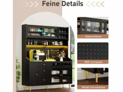 Merax Aparador alto de cocina - 145 x 39 x 171 cm - con LED + botellero + puertas de cristal + 3 cajones - cristal + MDF - Negro New