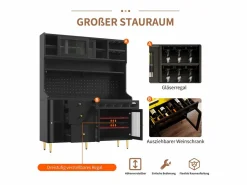 Merax Aparador alto de cocina - 145 x 39 x 171 cm - con LED + botellero + puertas de cristal + 3 cajones - cristal + MDF - Negro New