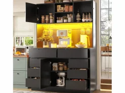 Aparador alto de cocina - 120 x 40 x 183,5 cm - con LED + USB + puertas magnéticas + 8 cajones - MDF -^Merax Discount