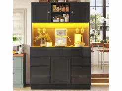 Aparador alto de cocina - 120 x 40 x 183,5 cm - con LED + USB + puertas magnéticas + 8 cajones - MDF -^Merax Discount