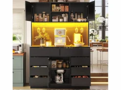 Aparador alto de cocina - 120 x 40 x 183,5 cm - con LED + USB + puertas magnéticas + 8 cajones - MDF -^Merax Discount
