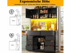 Aparador alto de cocina - 120 x 40 x 183,5 cm - con LED + USB + puertas magnéticas + 8 cajones - MDF -^Merax Discount