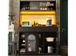 Aparador alto de cocina - 120 x 40 x 180 cm - con estantes regulables + 2 cajones + 3 puertas + LED - MDF + PB -^Merax Outlet