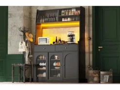 Aparador alto de cocina - 120 x 40 x 180 cm - con estantes regulables + 2 cajones + 3 puertas + LED - MDF + PB -^Merax Outlet