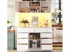 Merax Aparador De Cocina|Aparador alto de cocina - 120 x 40 x 183,5 cm - con LED + USB + puertas magnéticas + 8 cajones - MDF -