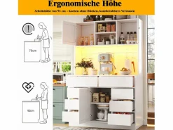 Merax Aparador De Cocina|Aparador alto de cocina - 120 x 40 x 183,5 cm - con LED + USB + puertas magnéticas + 8 cajones - MDF -