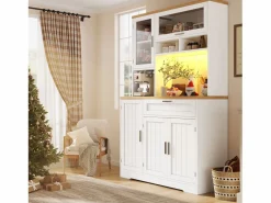 Merax Aparador alto de cocina - 104 x 40 x 180 cm - con LEDs + 4 puertas + 1 cajón + estante - MDF + metal - Blanco New