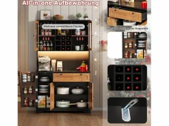 Merax Aparador De Cocina|Aparador alto de cocina - 105 x 40 x 180 cm - con cajón + 5 puertas + estantes + LED + enchufes - MDF - natural