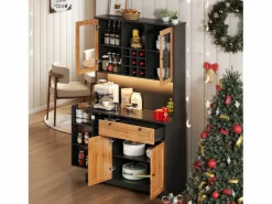 Merax Aparador De Cocina|Aparador alto de cocina - 105 x 40 x 180 cm - con cajón + 5 puertas + estantes + LED + enchufes - MDF - natural