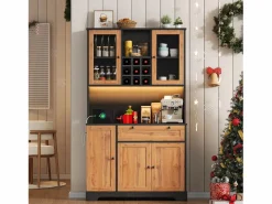 Merax Aparador De Cocina|Aparador alto de cocina - 105 x 40 x 180 cm - con cajón + 5 puertas + estantes + LED + enchufes - MDF - natural