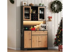 Merax Aparador De Cocina|Aparador alto de cocina - 105 x 40 x 180 cm - con cajón + 5 puertas + estantes + LED + enchufes - MDF - natural