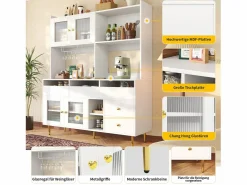 Merax Aparador De Cocina|Aparador alto de cocina - 145 x 39 x 171 cm - con 4 puertas de cristal + 5 cajones - MDF -