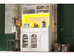 Merax Aparador De Cocina|Aparador alto de cocina - 120 x 40 x 180 cm - con estantes regulables + 2 cajones + 3 puertas + LED - MDF + PB -