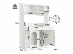 Merax Aparador De Cocina|Aparador alto de cocina - 120 x 40 x 180 cm - con estantes regulables + 2 cajones + 3 puertas + LED - MDF + PB -